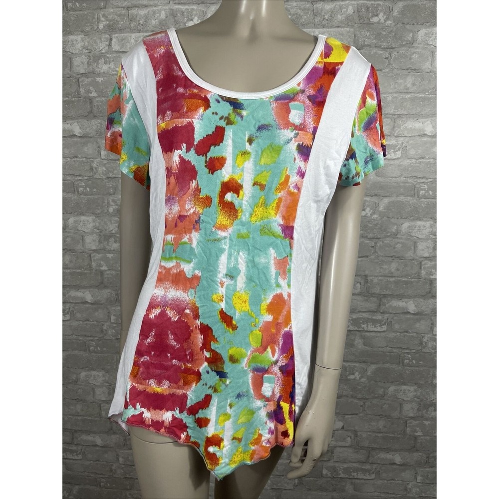 Parsley & Sage Small Short Sleeve Watercolor Color Block Asymmetrical Hem Shirt